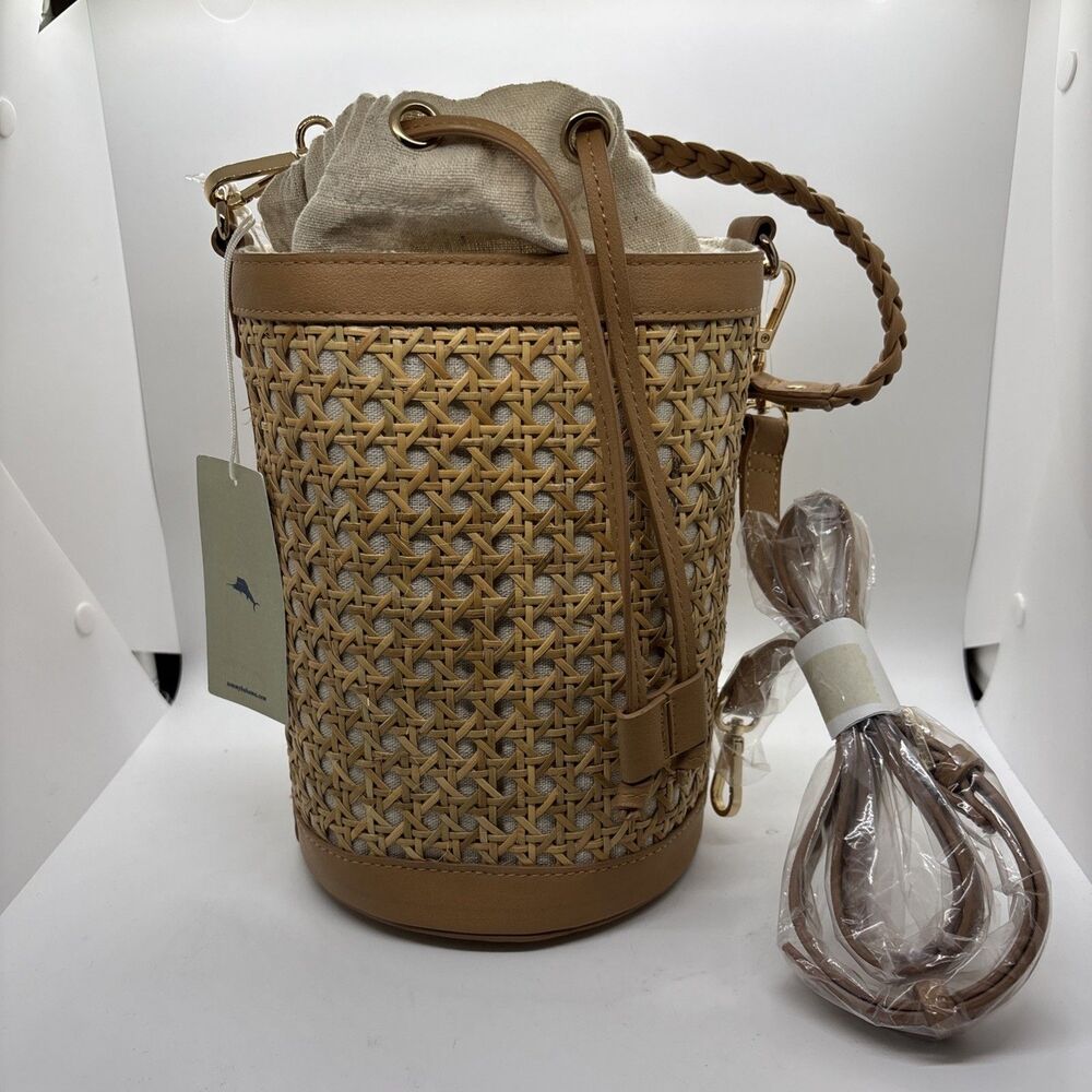NWT New Tommy Bahama Rattan Woven Handbag Bucket Bag Detachable Crossbody